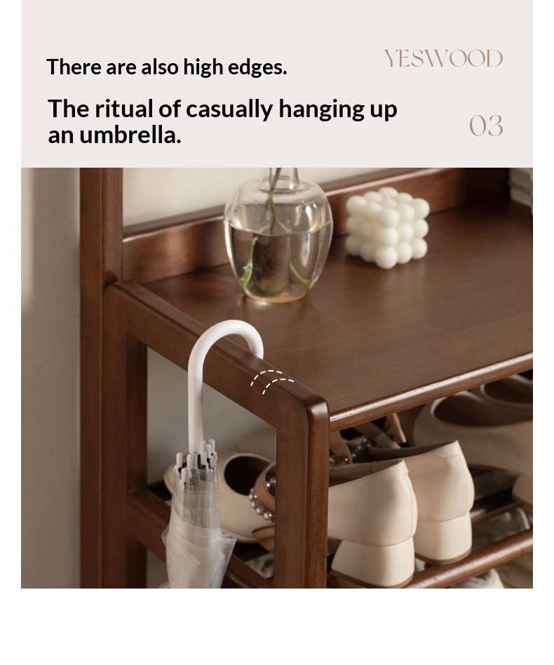 Solid RubberWood Modern Entryway Shoe Rack with Top Shelf and Hooks