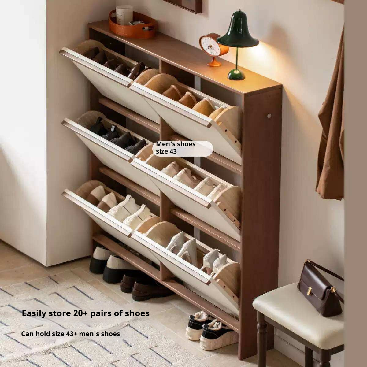 Rubberwood Solid Wood Flip Door Shoe Cabinet, Mid Century Slim Wall Mounted Entryway Storage Organizer