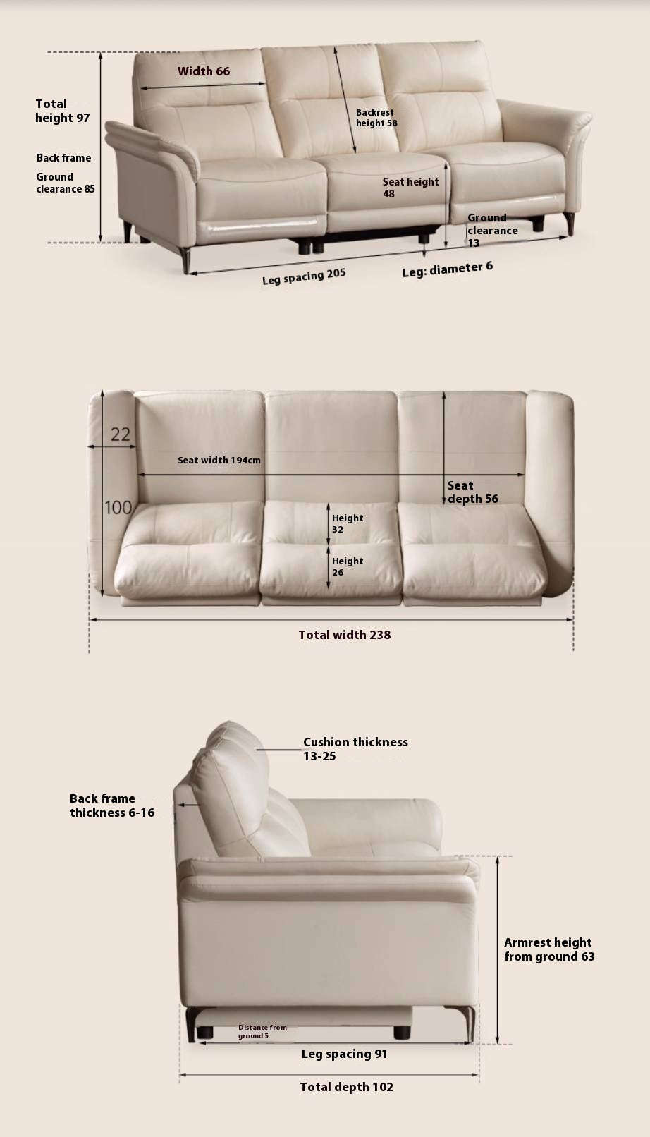 Pine Solid Wood Leather Sofa Cream Style Functional Electric