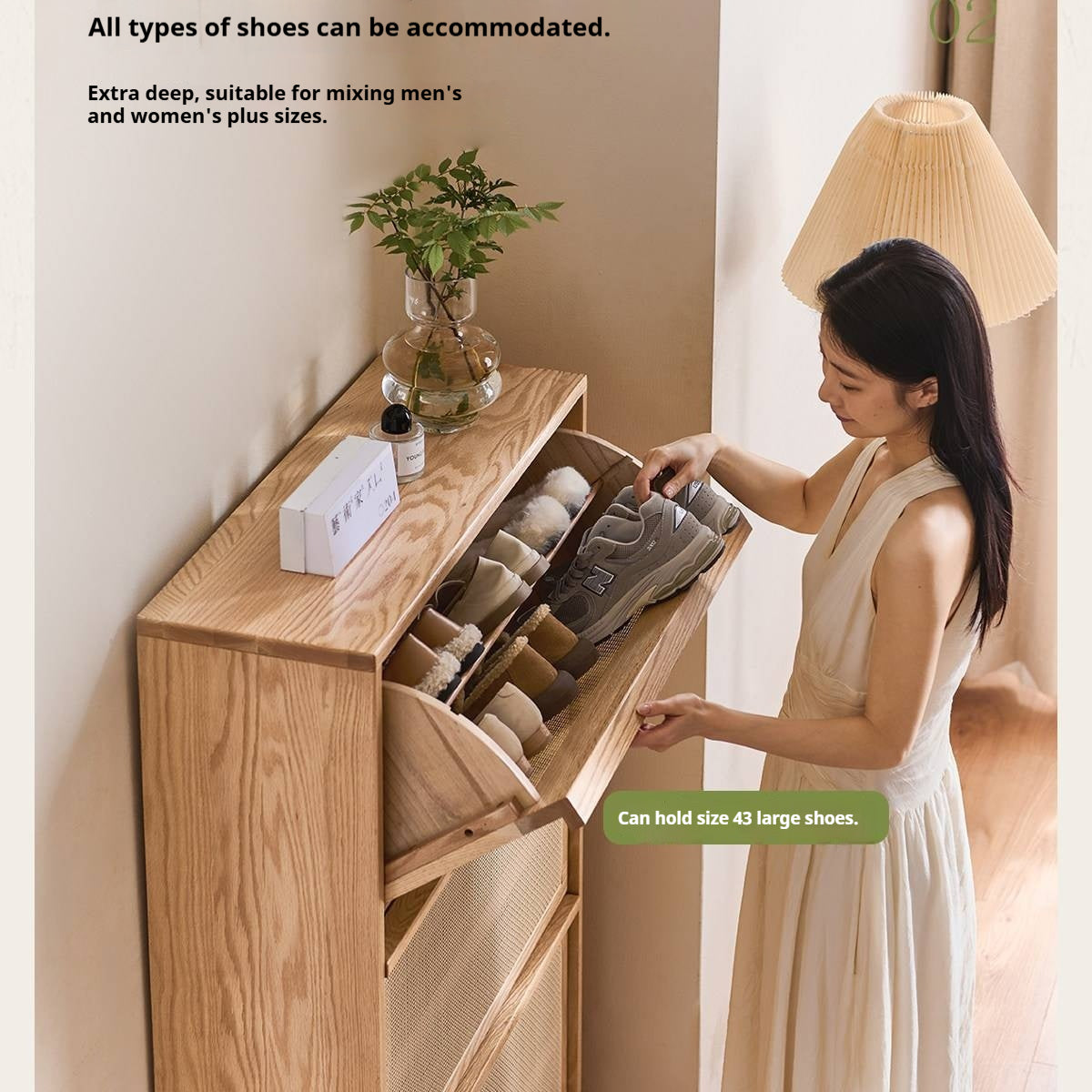 Oak Solid Wood Shoe Cabinet with Modern Minimalist Flip Door, Rattan Accents