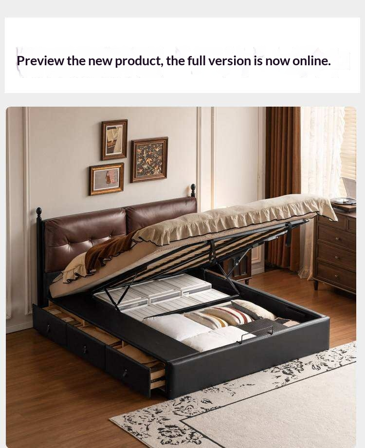 Genuine Leather Luxury Storage Bed with Lift-Up Storage Box Bed