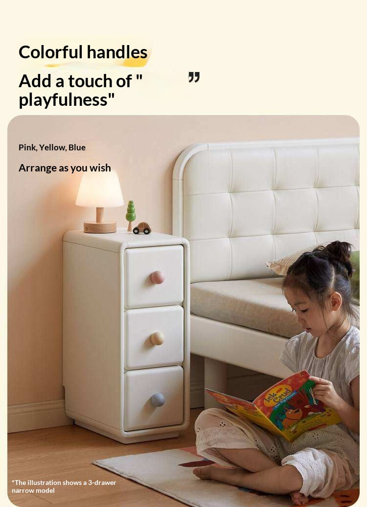 Solid Rubberwood, Beech Solid Wood Cream Style Ultra-narrow Children's Nightstand