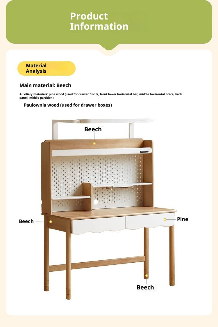 Beech Solid Wood Children's Desk Adjustable Writing Desk