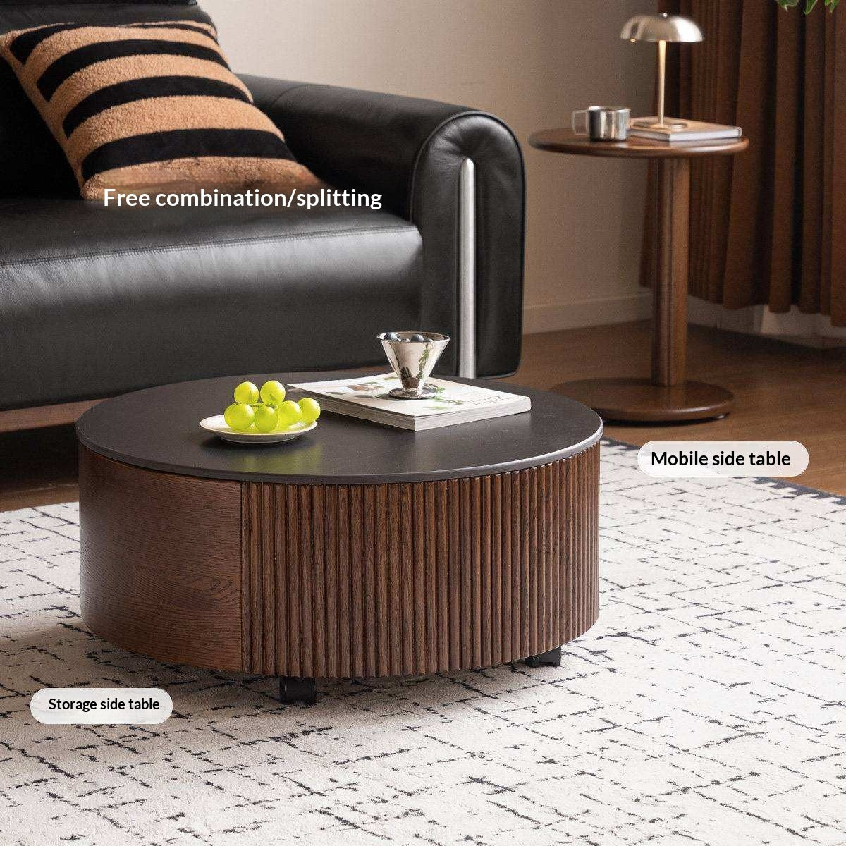 Oak Solid Wood Coffee Table with Layered Round Design and Rock Top