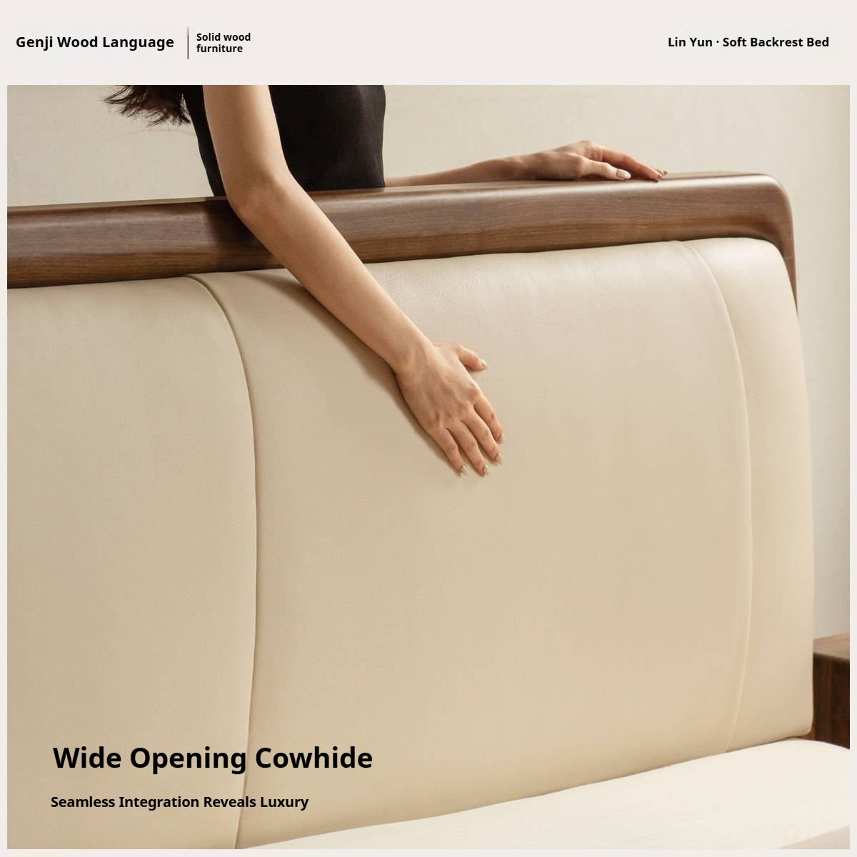 Black Walnut Solid Wood Italian Genuine Leather Bed with Down-Filled Upholstered Headboard