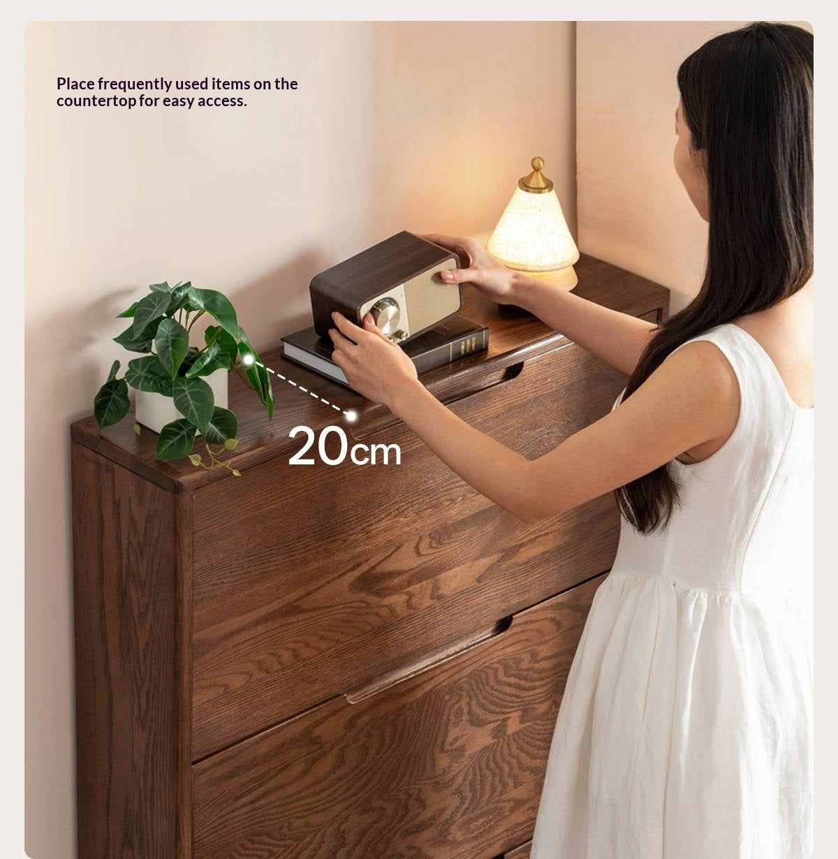 Oak Solid Wood Narrow Hall Tree with Shoe Storage Cabinet and Coat Hooks