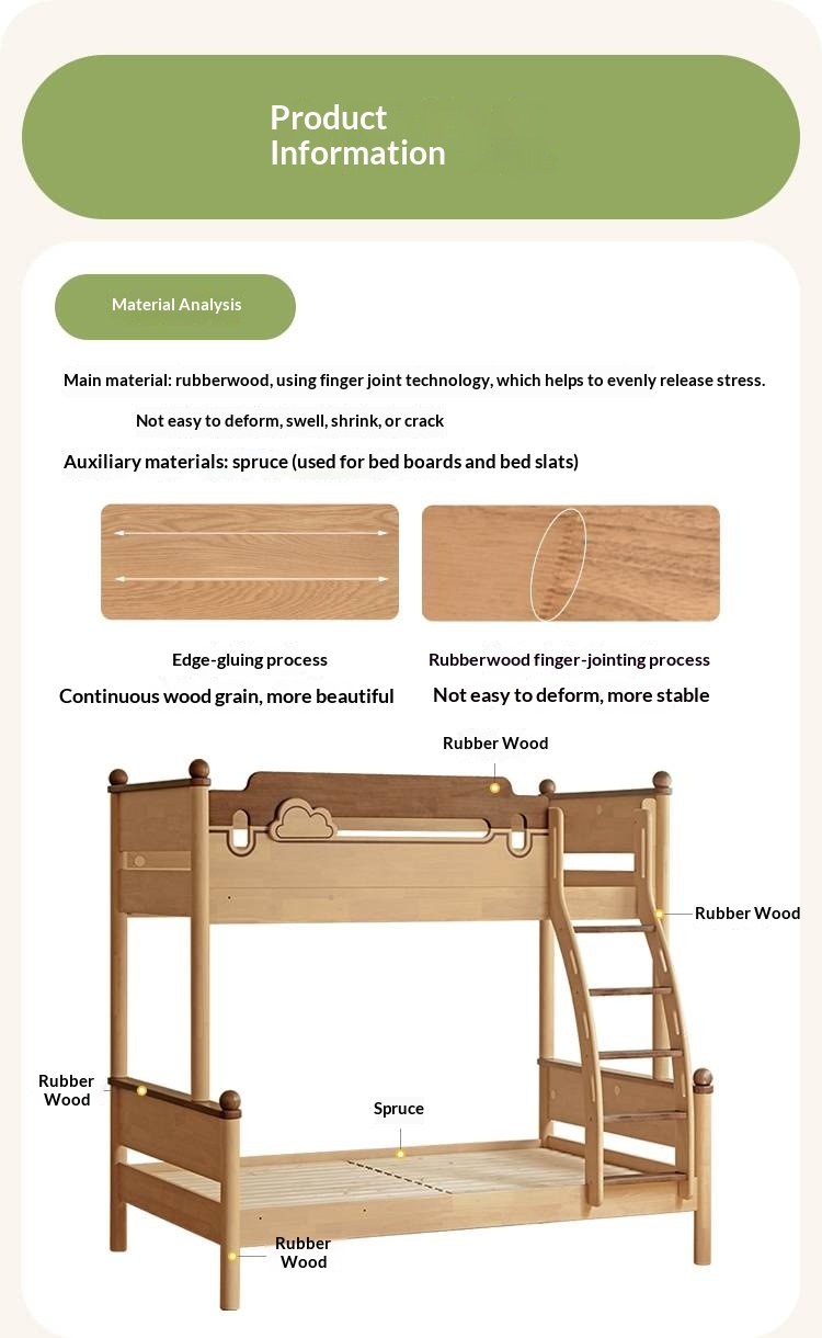 Rubberwood Solid Wood Children's Multifunctional Bunk Bed