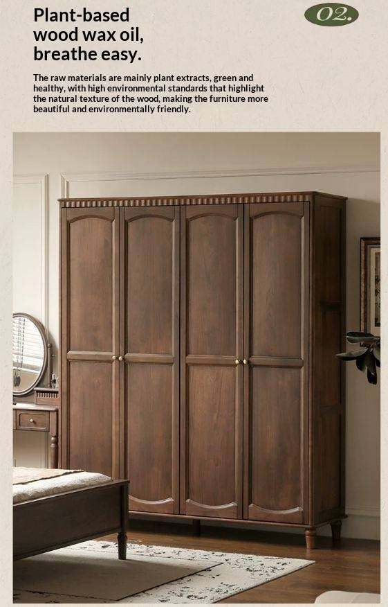 Black Walnut Solid Wood Wardrobe with American Retro Style and Light Luxury Finish