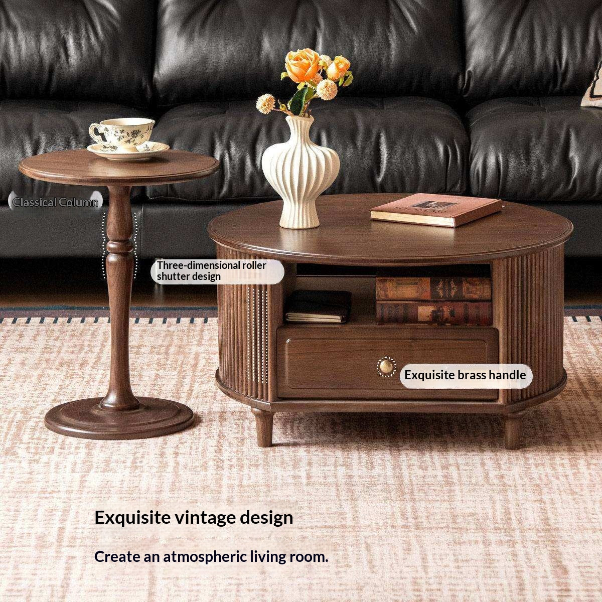 Black Walnut Solid Wood Coffee Table with Storage Drawer, Mid Century