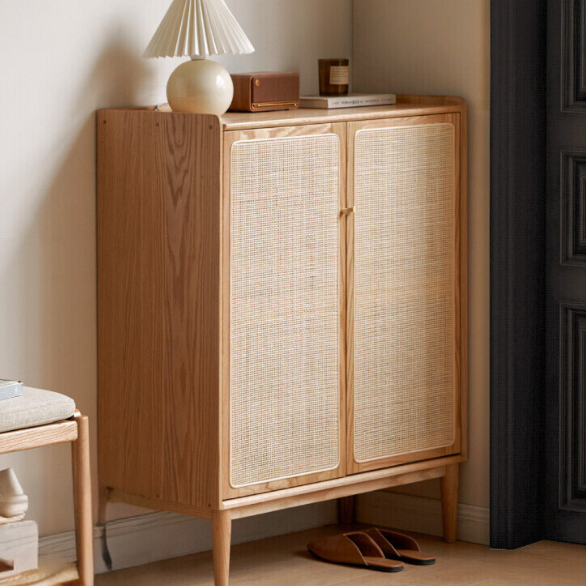 Oak Solid Wood Shoe Cabinet Storage Rattan