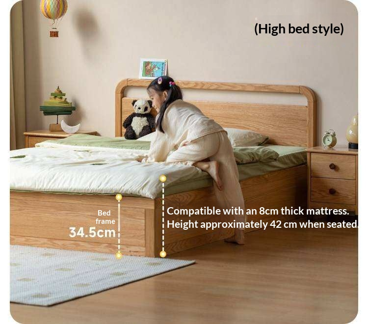 Oak, Rubberwood Solid Wood Storage Bed with Adjustable Height and Gas Lift