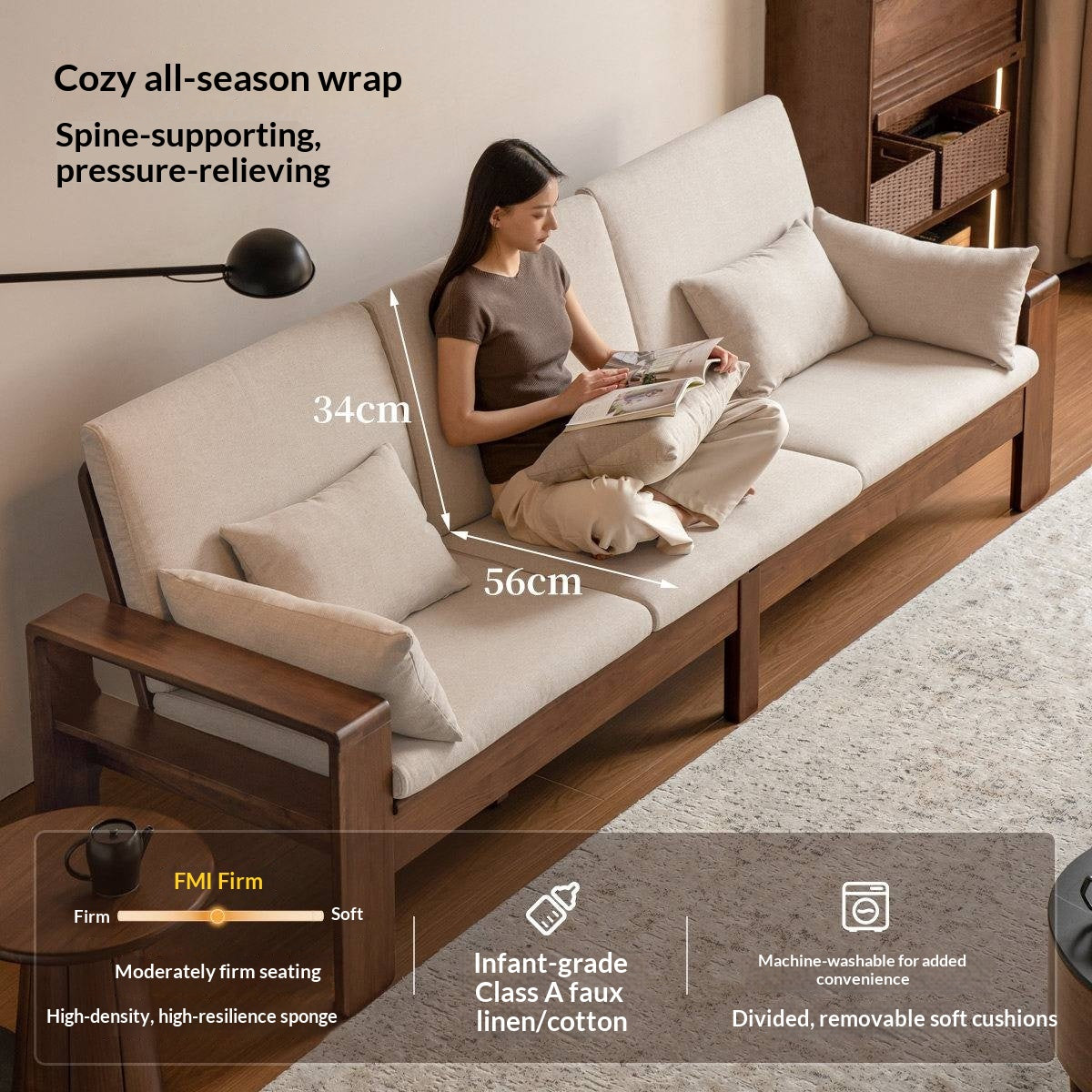 Black Walnut, Sandalwood Solid Wood Fabric Sofa with Raised Legs, Winter/Summer Use