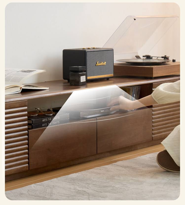 Solid RubberWood Fluted TV Media Console with Drawers and Open Shelf