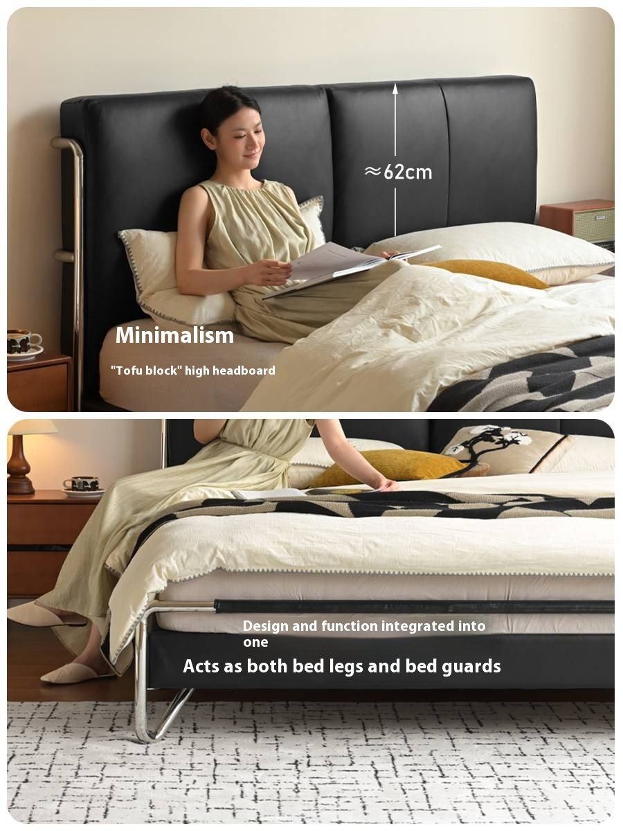 Genuine Leather Italian Style Light Luxury Black Bed