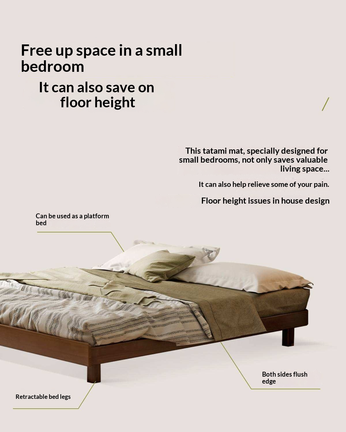 Rubberwood Solid Wood Modern Low Platform Bed Without Headboard