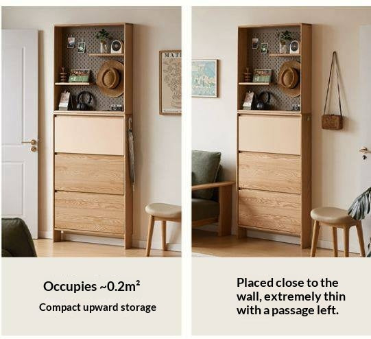 Oak Solid Wood Ultra-Thin Shoe Cabinet with Flip Door and Modern Entrance Design