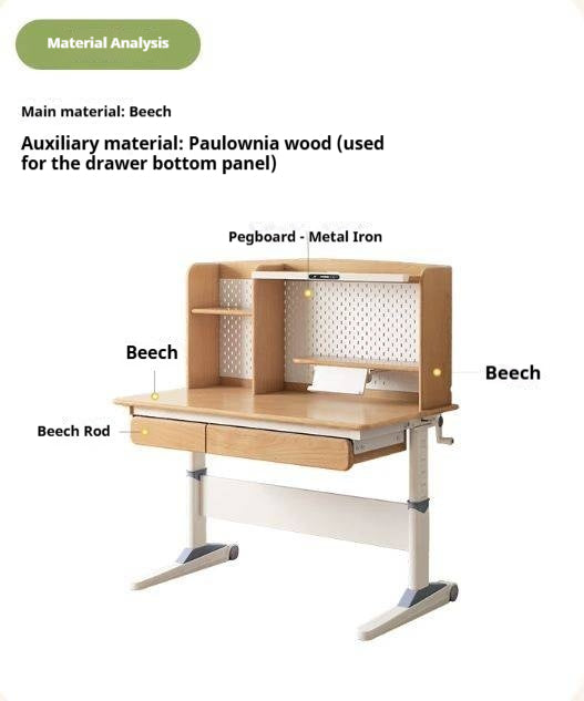 Beech Solid Wood Height-Adjustable Kids Desk with Bookshelf Hutch