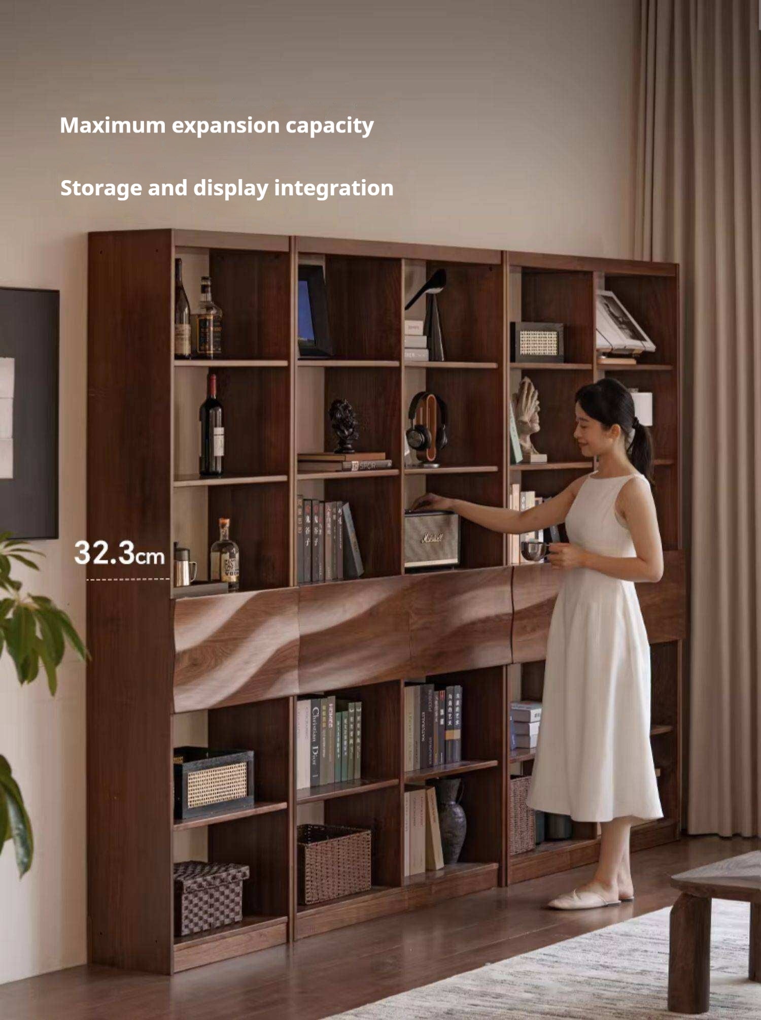 Black Walnut Solid Wood Bookshelf with Combination Storage and Display Shelves