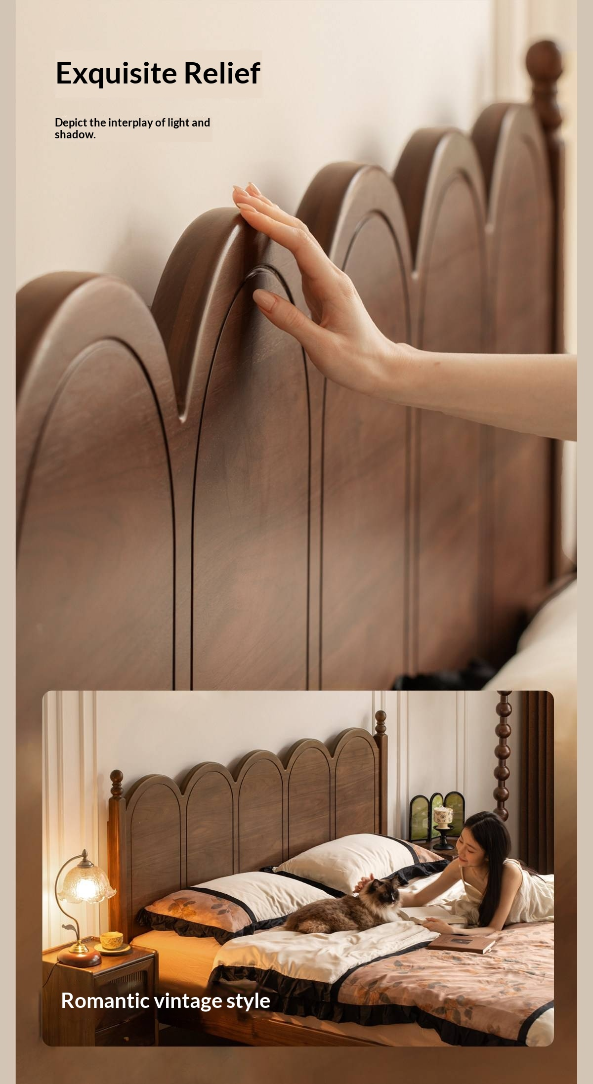 Black Walnut Solid Wood French Country Arched Platform Bed with Turned Posts