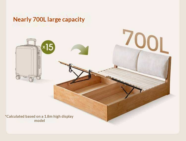 Rubberwood Solid Wood Storage Bed with Lift-Up Base and Soft Upholstered Headboard
