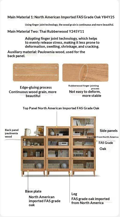 Solid Rubberwood, Oak Solid Wood Multi layer Flip Door Glass Bookcase