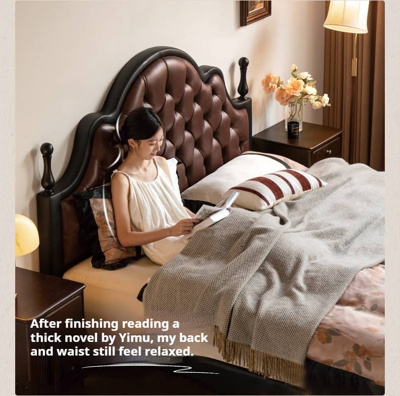 Genuine Leather Elegant Soft Backrest Bed, French Retro