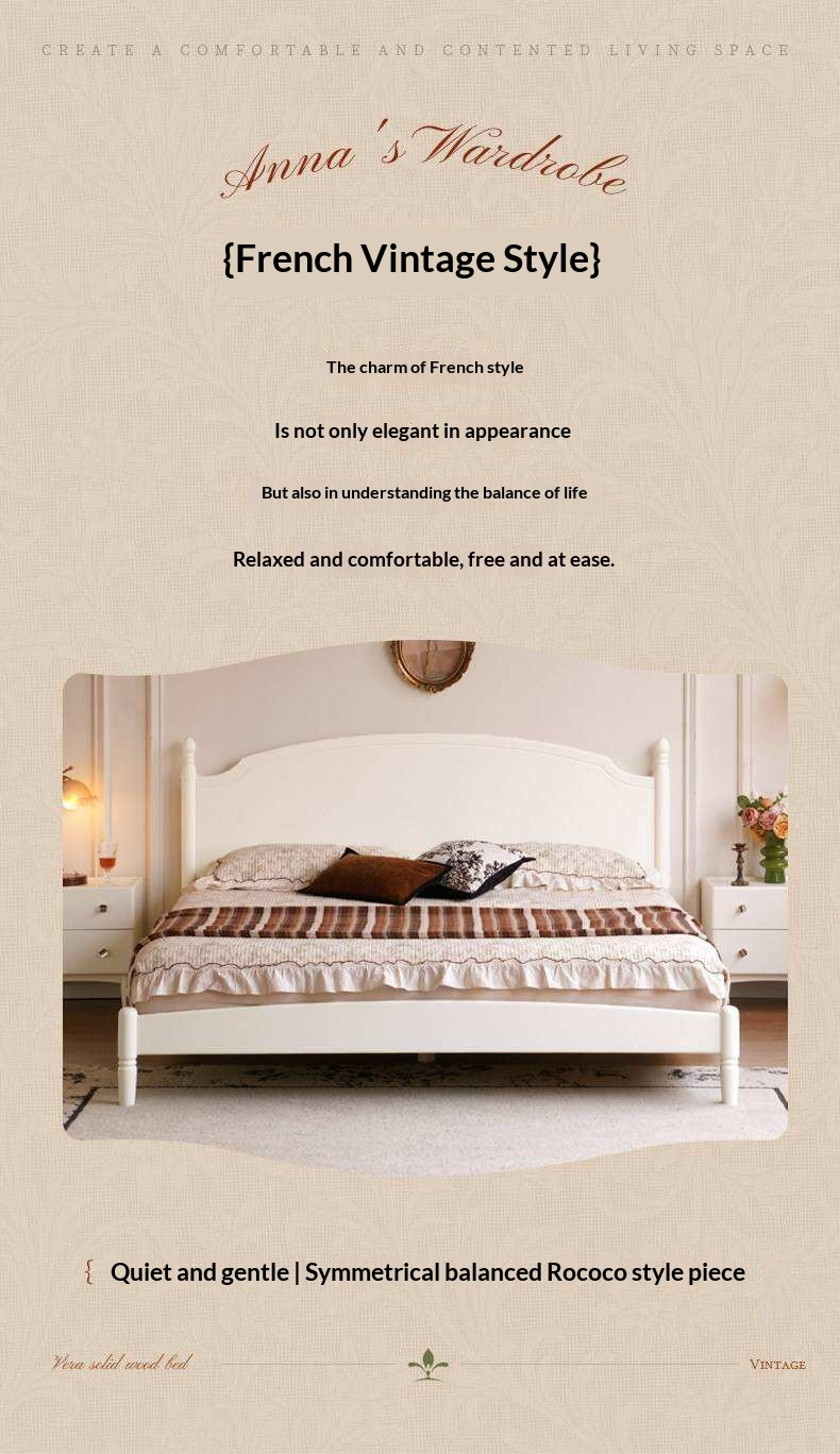 Rubberwood Solid Wood French Style Bed with White Curved Headboard and Elegant Retro Frame