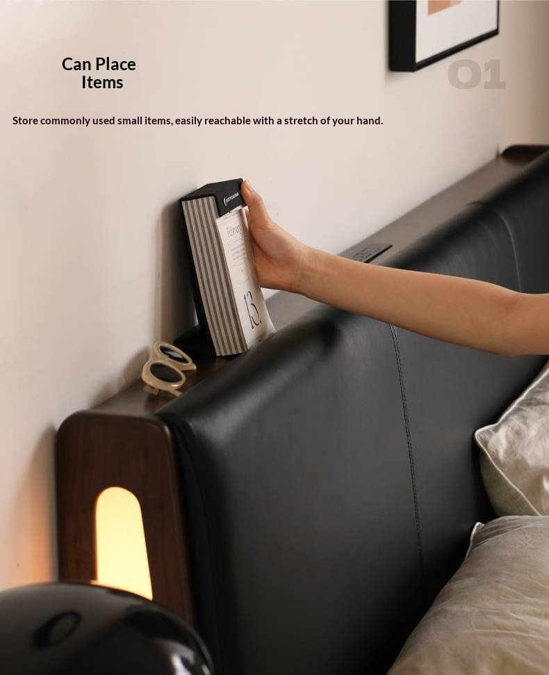 Black Walnut Solid Wood Genuine Leather Upholstered Bed