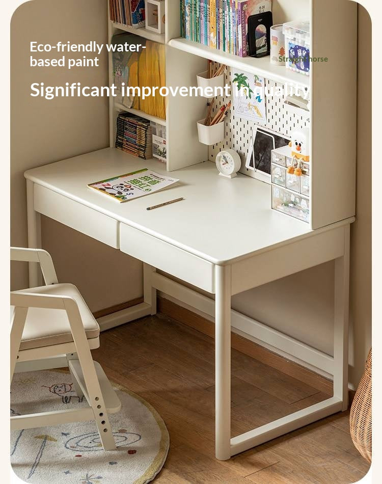 Solid RubberWood Cream Style Bookshelf Integrated Kids Table