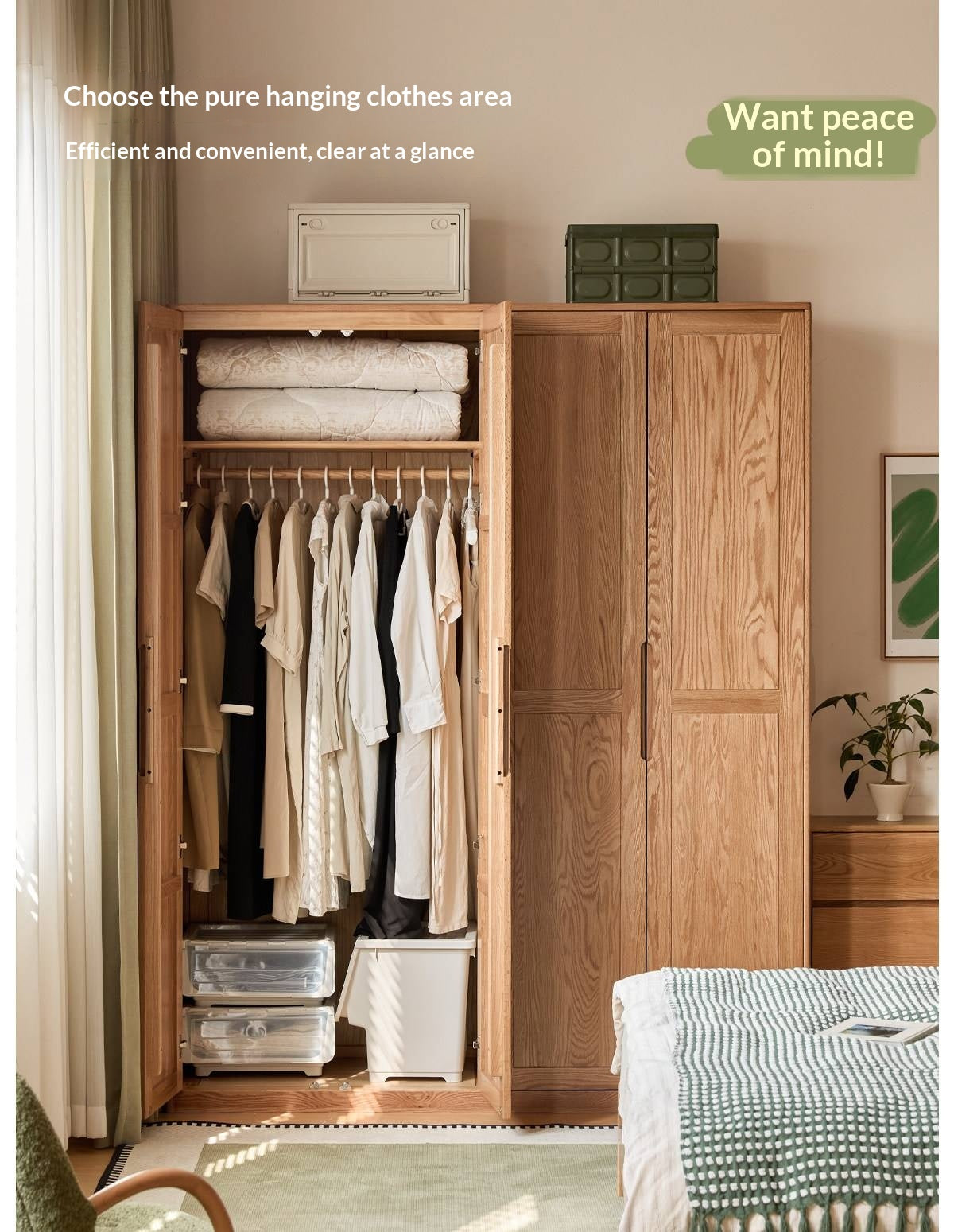 Oak solid wood Wardrobe with Flat Panel Doors and Groove Handles