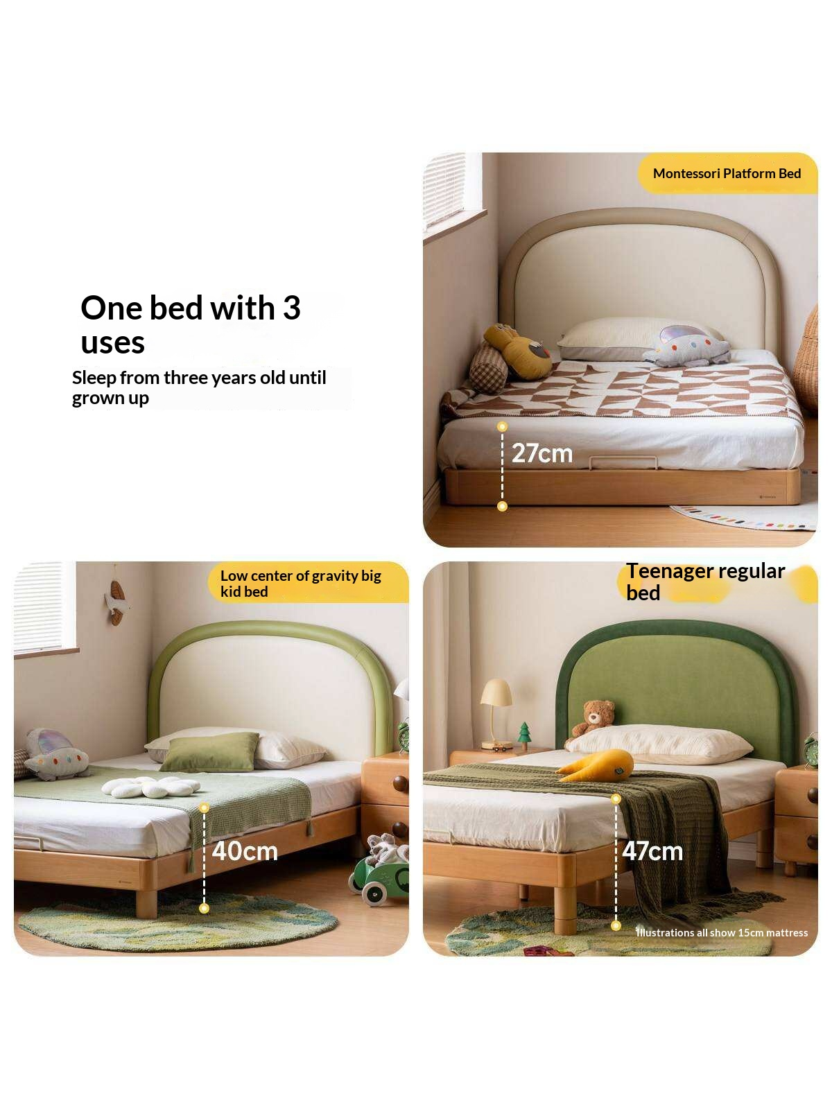 Beech solid wood Kids Bed with Round Headboard and Adjustable Height Legs