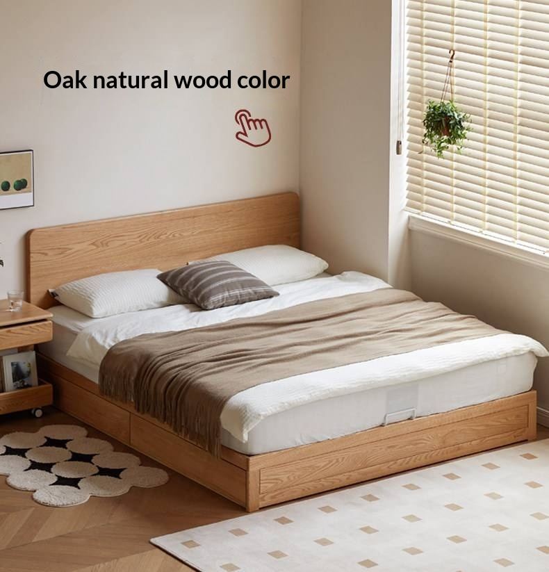 Oak Solid Wood Box Bed, Platform Box Bed, Headboard-Free Bed – Modern Minimalist Style