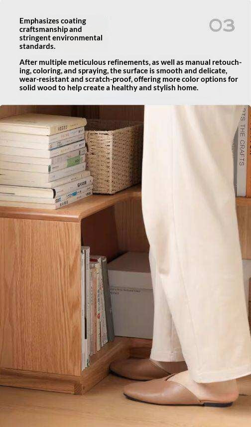 Oak Solid Wood Corner Bookshelf with Floor-Standing Storage Cabinet