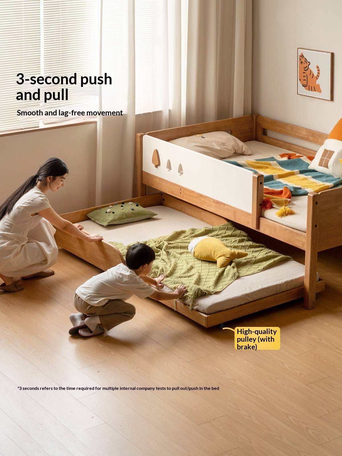 Rubberwood Solid Wood Kids Daybed with Trundle and Safety Guardrails