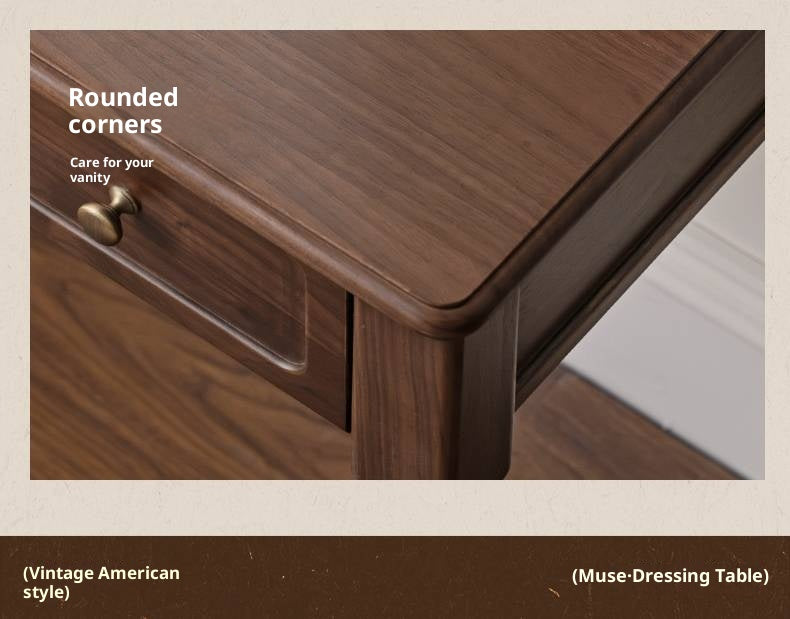 Black Walnut, Tulipwood Solid Wood Retro Style Dressing Table With Built-In Mirror