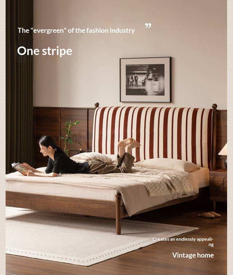 Black Walnut Solid Wood Striped Upholstered Panel Bed