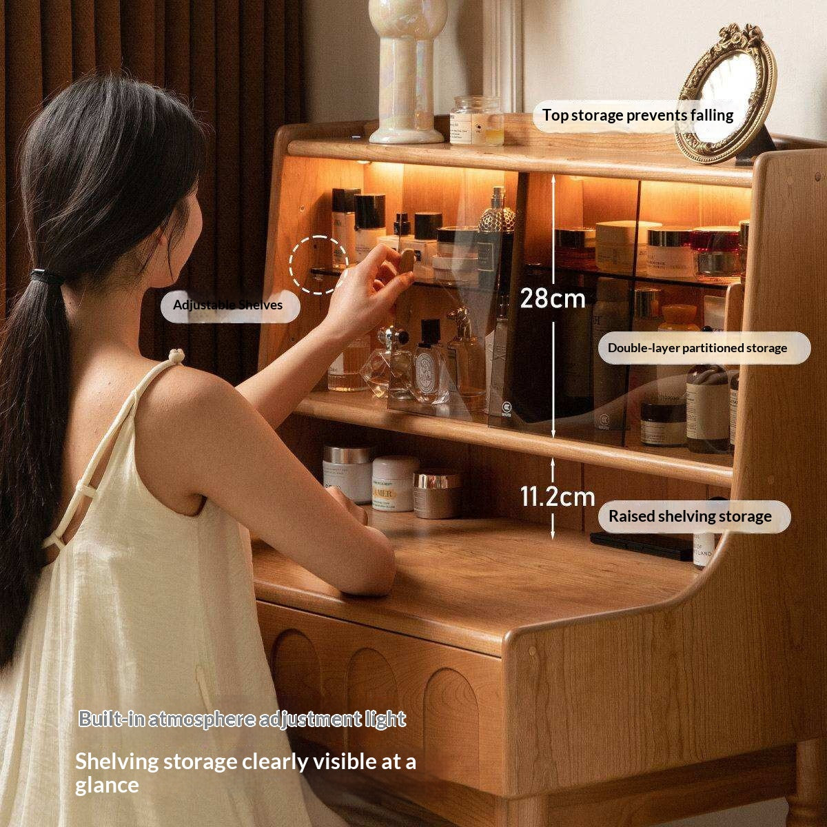 Cherry Solid Wood French Retro Vanity Table with Light