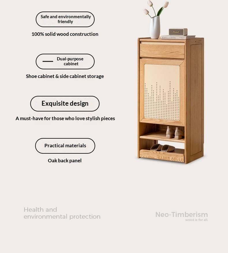 Oak Solid Wood Narrow Shoe Storage Cabinet with Pull-Out Drawer