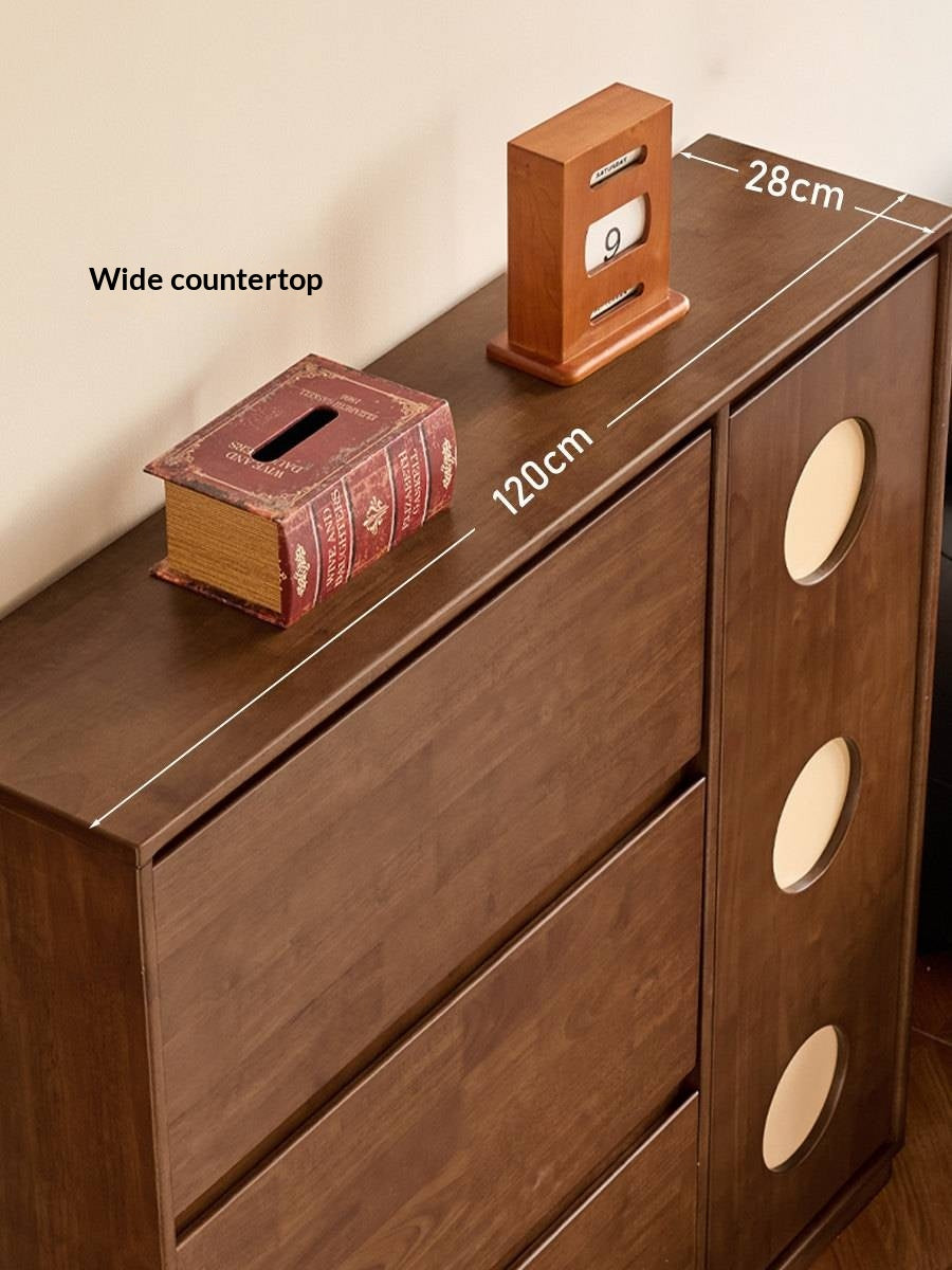 Solid RubberWood Vintage Shoe Cabinet with Flip-Down Drawers and Round Inlay Accents
