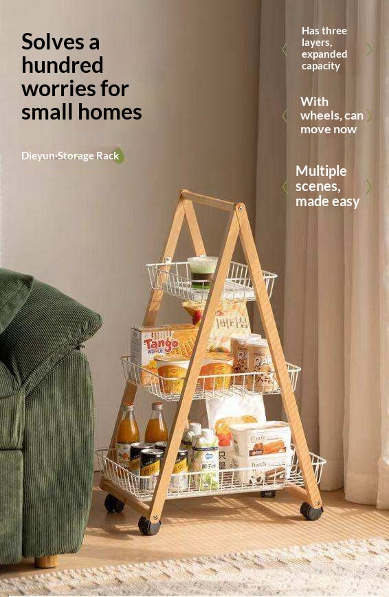 Beech Solid Wood Storage Rack with Multi-Layer and Mobile Trolley