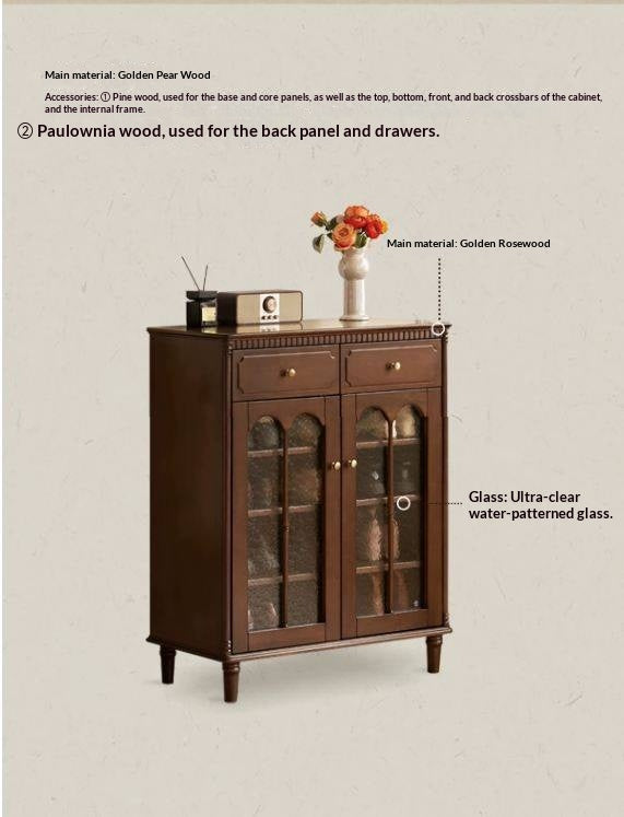 Solid Longan Hardwood French Vintage Shoe Cabinet with Arched Glass Doors and Adjustable Shelves