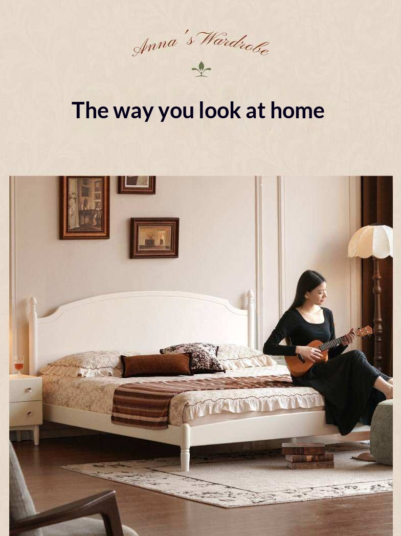 Rubberwood Solid Wood French Style Bed with White Curved Headboard and Elegant Retro Frame