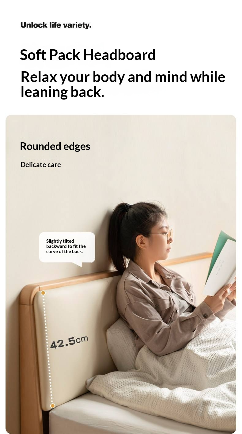 European Beech Solid Wood Bed — Soft Headboard, Simple Upholstered Light Luxury Bed