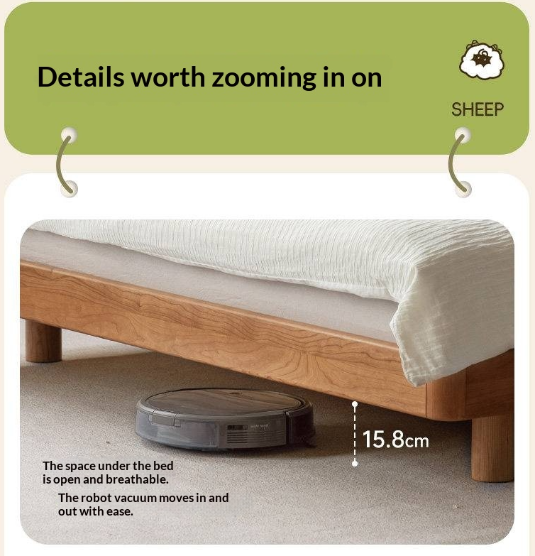 Cherry Solid Wood Upholstered Bed — Platform Bed, Headboard-Free Bed Floor Style, Simple Floating Bed