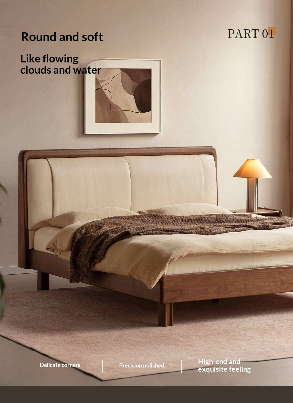Black Walnut Solid Wood Italian Genuine Leather Bed with Down-Filled Upholstered Headboard