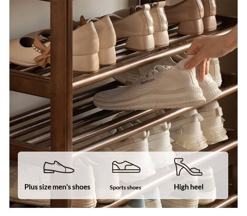 Solid RubberWood Modern Entryway Shoe Rack with Top Shelf and Hooks