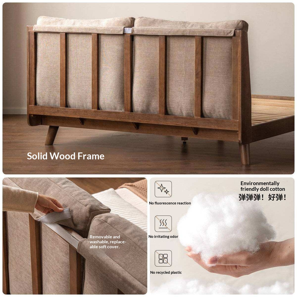 Rubberwood Solid Wood Bed with Oversized Soft Pillow Headboard