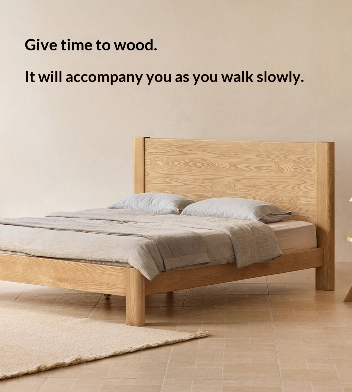 White Ash Solid Wood Platform Bed with Tall Flat Panel Headboard