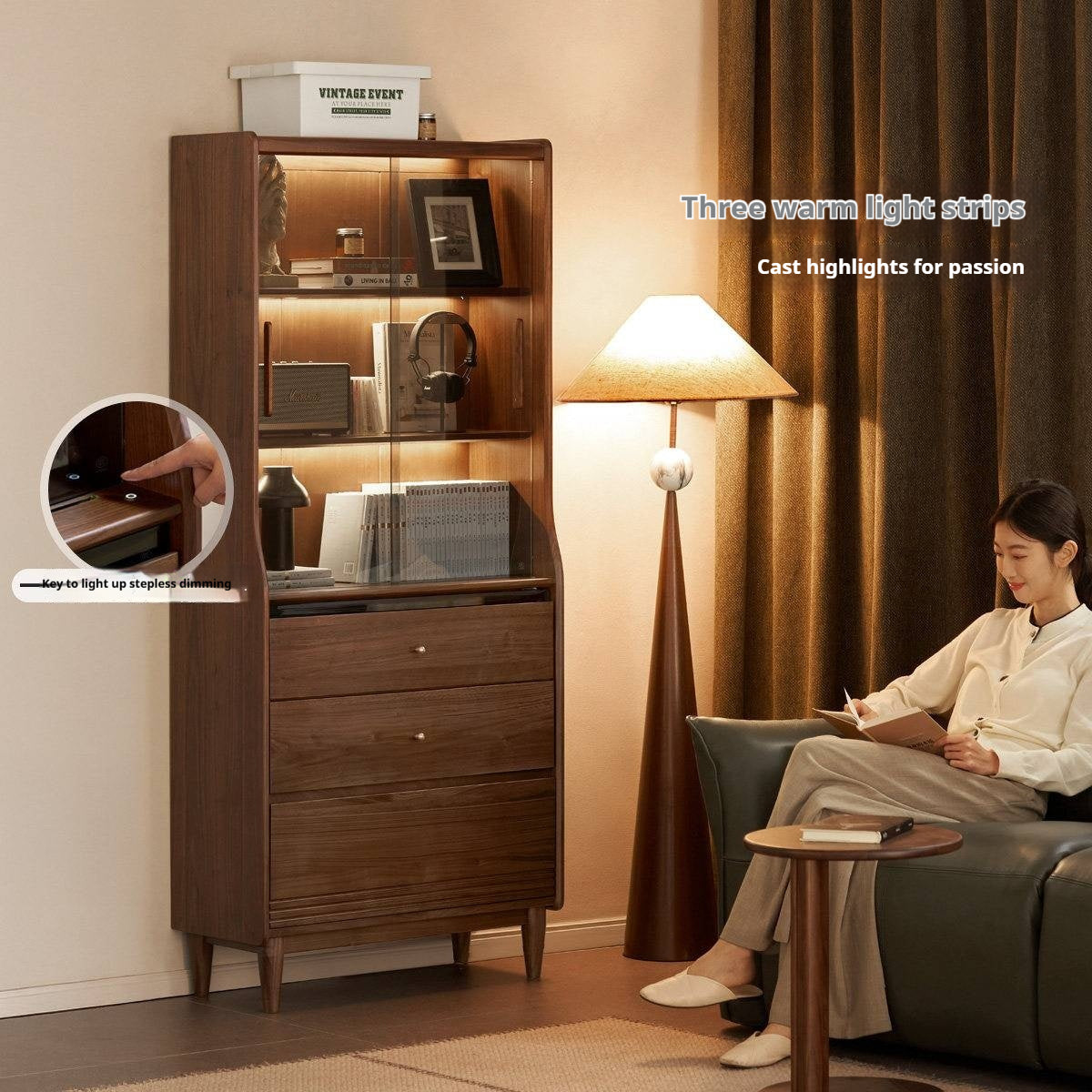 Black Walnut Solid Wood Bookcase with Interior Lighting