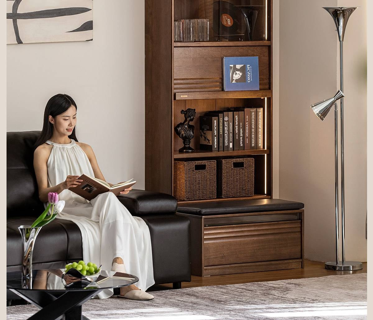 Black Walnut, Ash Solid Wood Combination Bookcase with Floor Display and Luxury Storage